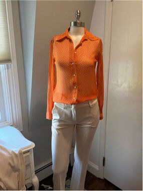 Vintage Unbranded Orange White Polka Dot Button Down Sheer Shirt Size 8